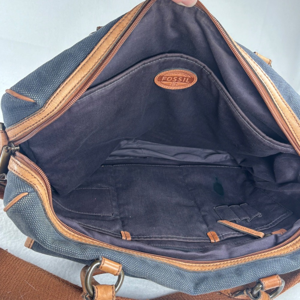 Y2K VTG Fossil Messenger Bag Navy Blue Canvas Leather Laptop Satchel Academia - Picture 9 of 16